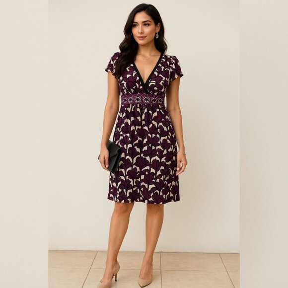 Evan Picone Purple Floral Empire Waist Dress  Size 10 V-Neck Cap Sleeve - Picture 1 of 8